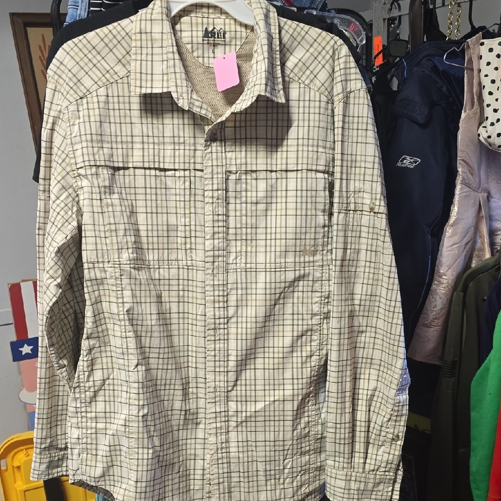 REI UPF 50 Fishing Green and Beige Plaid Shirt